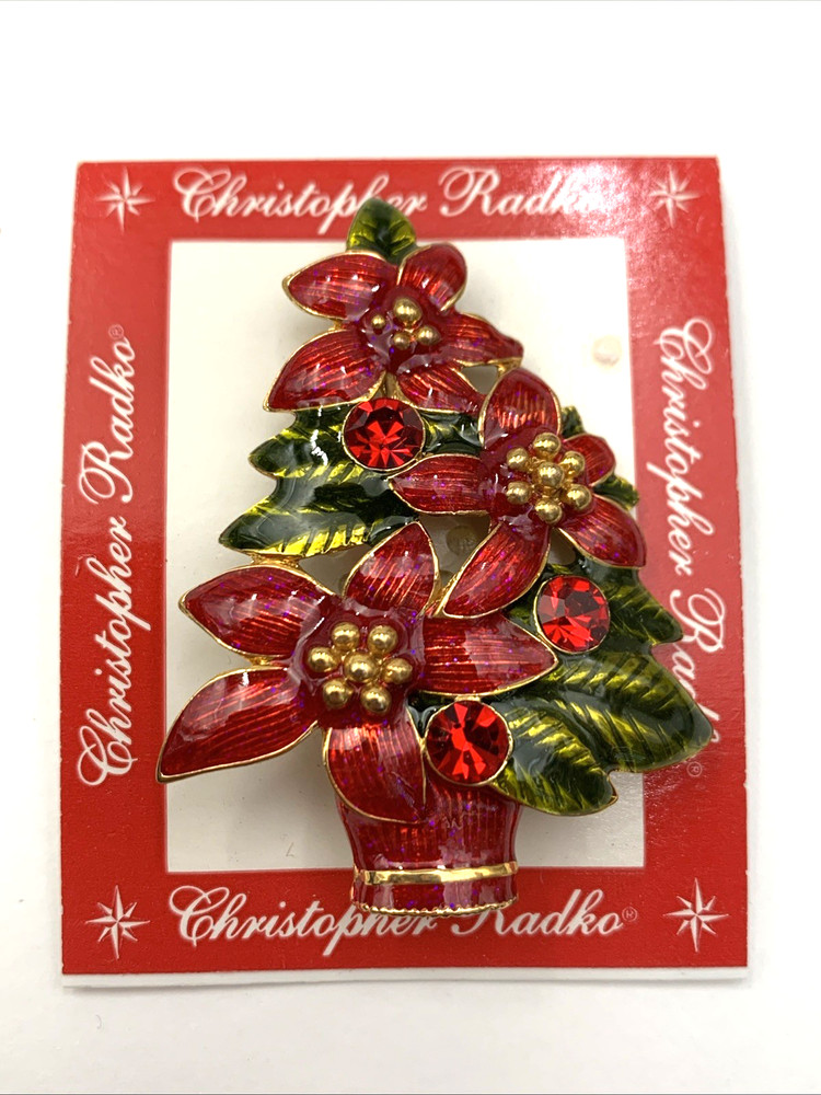 VTG Signed Christopher Radko Poinsettia Enamel Brooch Pendant 2-1/8 x 1-5-8”