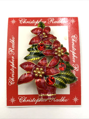 VTG Signed Christopher Radko Poinsettia Enamel Brooch Pendant 2-1/8 x 1-5-8”