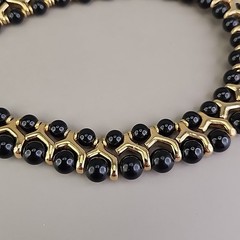 Vintage Beaded Necklace Black Gold Tone Collar Choker SHORT 14.5″