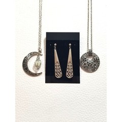 Vintage Necklaces Silver Tone Moon Shaped Black Crystals Dangle Earrings Set 3