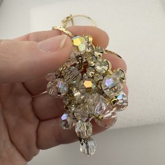 Vintage AB Glass Crystal & Clear Rhinestone Dangle Pendant Brooch &Gold Necklace