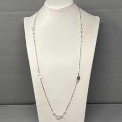 Silver Tone Chain Necklace Clear Glass Beads Faux Pearl Leaf Station Endless 31″