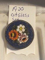 Antique VTG Italian Micro Mosaic Brooch Pin Round Shape &Floral Design Set Glass