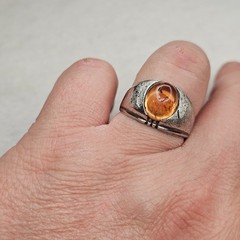 Vintage Clark & Coombs Sterling Silver Ring Amber Glass Cabochon Size 11.75