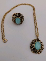 Vintage 1971 Sarah Coventry Czarina Aqua Blue Necklace Ring Set Gold Tone