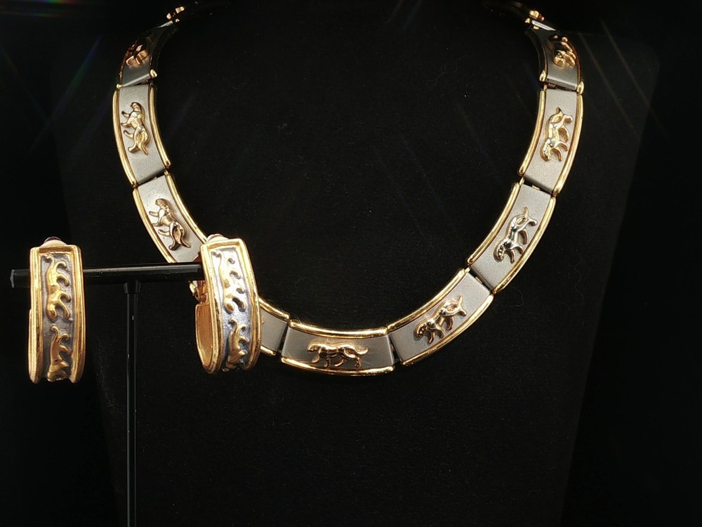 Vintage Two Tone Panther Necklace Set Sculptural Collar & Earrings