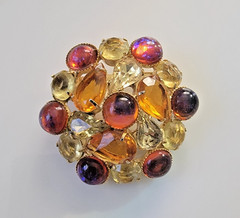 Vintage 1950-1960s Opaline Cabochons Moonstones Topaz Yellow Orange Pink Brooch