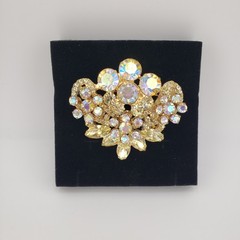 Vintage Rhinestone Brooch Aurora Borealis Yellow Marquise Gold Tone Fan Shape
