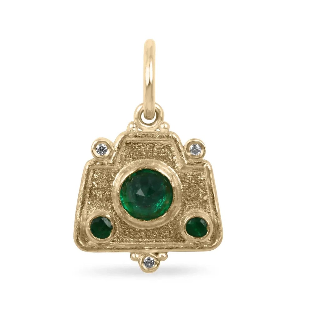 0.68tcw Vintage Natural Emerald & Diamond Camera Lens Pendant Charm 24K Gold