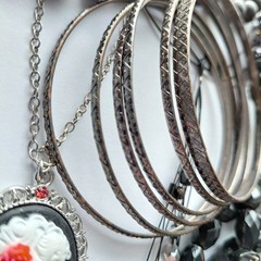 Estate Find Black Silver/Gold Tone Jewelry Lot Necklace, Earrings & Bracelets