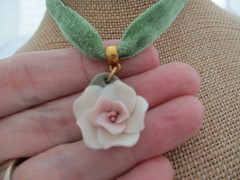 Porcelain Rose Green Velvet Choker Necklace Handmade w/vintage pendant