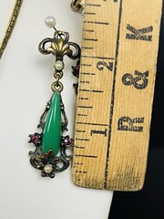 Vintage Unsigned Faux Jade Gems Drop Necklace Earring Set Victorian Style READ