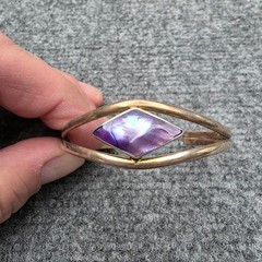 Vintage Sterling Silver Abalone Shell Cuff Bracelet Purple Inlay Boho 925 Signed