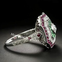 Art Deco RoundCut Lab Created Diamond, Emerald & Ruby 14K White Gold Filled Ring