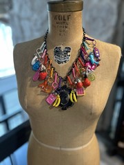 Vintage 80s Bell Clip Charms On Plastic Cameo Necklace Chain Black Nice Lot Rare