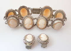 Antique GM Signed 800 Silver Carved Cameo Lady Link Bracelet & Earrings