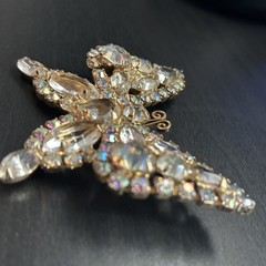 Signed Kramer Rhinestone Butterfly Brooch Clear & AB Gold Tone Vintage 1950s