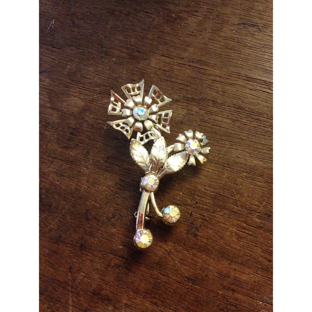 Metal Flower Gold & AB Rhinestone Brooch