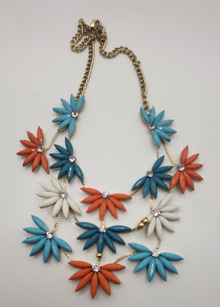 Vintage Flowers Beaded Bib Gold Tone Necklace Petals Of Teal Blue Orange White
