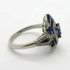 Art Deco Style Oval Cut Sapphire Lab Created Diamond Engagement 925 Silver Ring