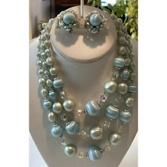Vintage Pastel Blue Plastic Bead 3 Strand 16” Necklace Earrings Set 60s Japan