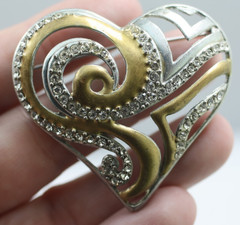 Signed Chico’s Have a Heart Brooch Pin Silvertone, Gold tone Rhinestones 2008