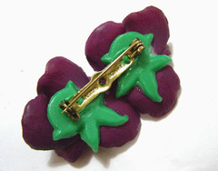 Vintage 50s W Germany Flower Brooch Purple Violets Pansy Carved Hard Plastic