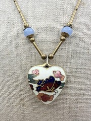 Vintage Double Sided Cloisonne Butterfly & Flowers Heart Pendant 18”