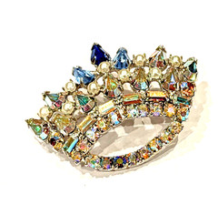B. DAVID AB RHINESTONES FAUX PEARL BLUE IRIDESCENT CROWN TIARA BROOCH PIN EUC