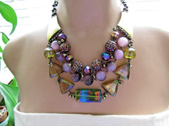 Vintage Statement Necklace Chunky Multi Strand Beads Glass & Lucite AB Chain
