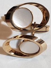 Vintage Art Deco Gold Tone Oval Mother of Pearl Cufflinks Bullet Back
