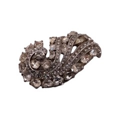 Vintage Clear Rhinestone Floral Brooch Silver Tone Pin 2 1/4 by 1 1/4