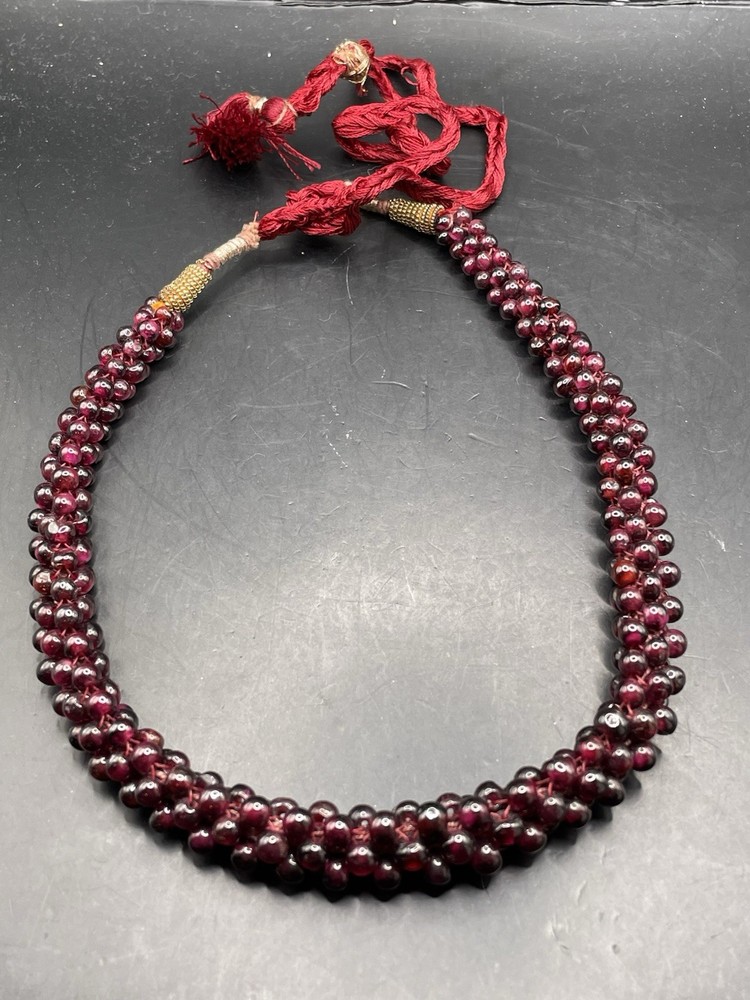 Vtg Almandine Garnet Bead Necklace Woven Rope Boho w Fabric Cord
