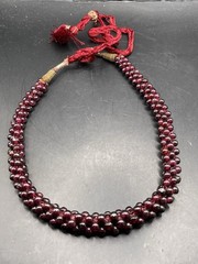 Vtg Almandine Garnet Bead Necklace Woven Rope Boho w Fabric Cord