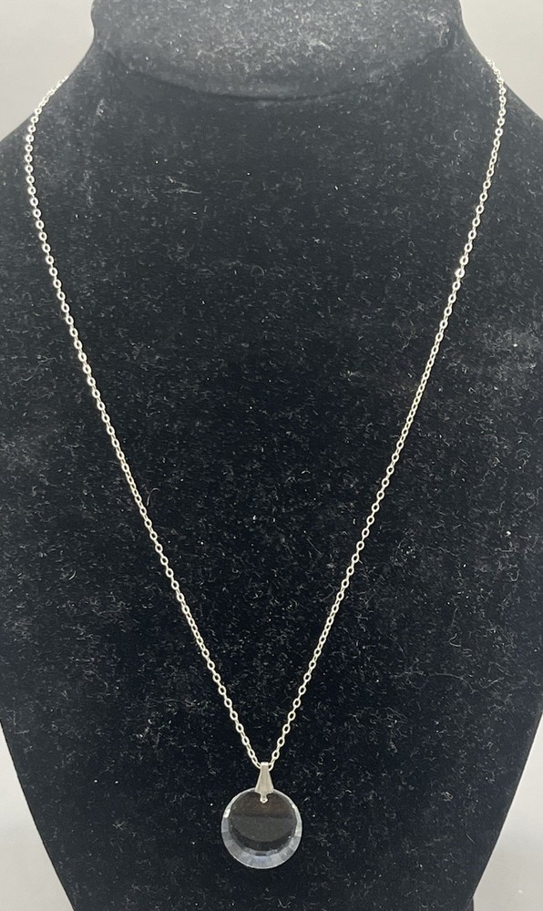 Vintage Faceted Cut Clear Crystal Round Pendant on 18″ Sterling Chain 2G