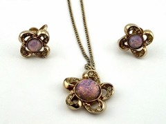 Vintage Anthony Pink Faux Opal Crystal Flower Necklace & Screw Back Earrings Set
