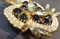 Vintage Rhinestone Brooch Prong Set Gray Black Clear Gold tone Stunning Sparkle