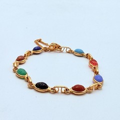 Vintage Scarab Bracelet Gold Tone Metal Faux Stone 7.5”