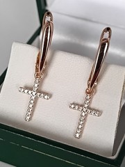Vintage 1990-s 14 Ct Rolled Gold Long Cross Zircons Earrings-Hallmarked 585 RG