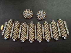Hollycraft Copr 1954 Blue Rhinestone Faux Pearl Bracelet With Matching Earrings,