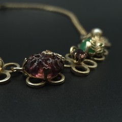 Vintage 1950s MCM Art Glass Floral Necklace Green Pink Cabochon 16.5″