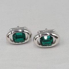 Vintage Swank Mens Cufflinks Green Rhinestone Silver tone Oval 1″