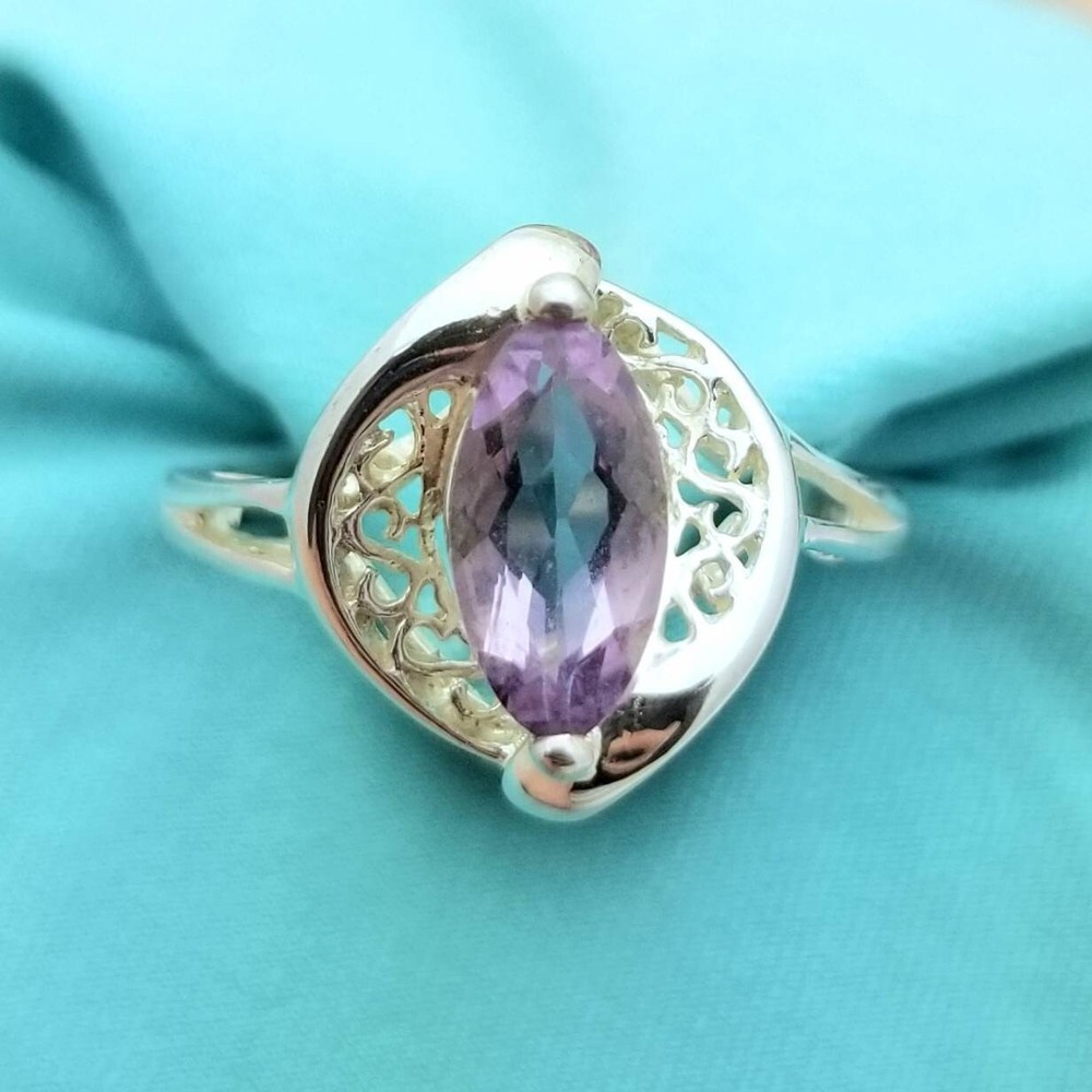 Silver Marquise Amethyst Filigree Ring-925-10.5mm Stone-1TCW-February-Elegant-