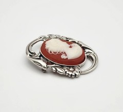 Jezlaine Vintage Sterling Silver Red/White Lucite Floral Frame Cameo Brooch Pin