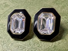 VTG Signed Trifari Black Enamel Clear Crystal Octagon Gold Tone Pierced Earrings