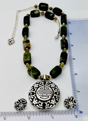 Vintage Silver Tone Genuine Stone Flowers Necklace 17”+3” Pierced Earrings Set
