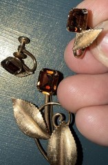 Vtg Van Dell Amber Stone Brooch Earrings Set 1/20 12K GF Gold Filled Flower Leaf