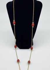 VINTAGE HENKEL GROSSE GERMANY LONG GOLD TONE NECKLACE RED BEAD CRYSTAL 38” 1970’