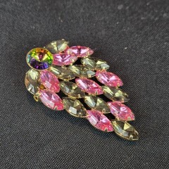 Pink, Smoky Gray, Aurora Borealis Rhinestones Unsigned Pin Brooch