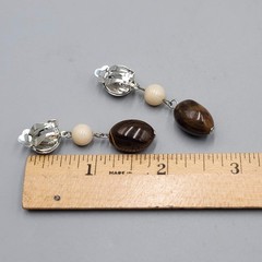 Vintage Cream & Brown Bead Clip on Earrings Silver tone Dangle 1.75 in